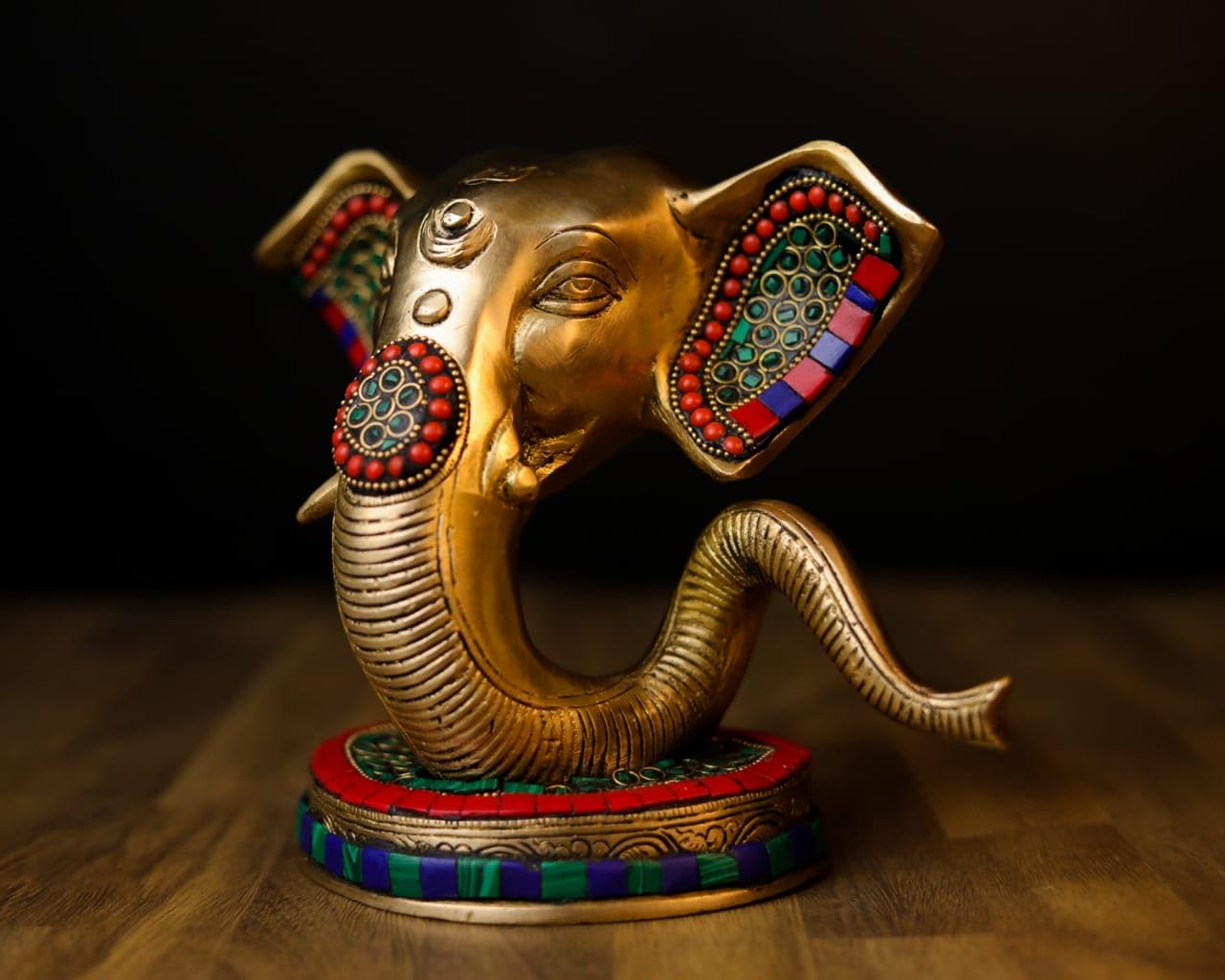 Mridaya Brass Ganesha Head Statue With Basestonework, 23 Cm Brass Ganesh Statue, Ganpati Idol, Good Luck Gift For New Beginnings